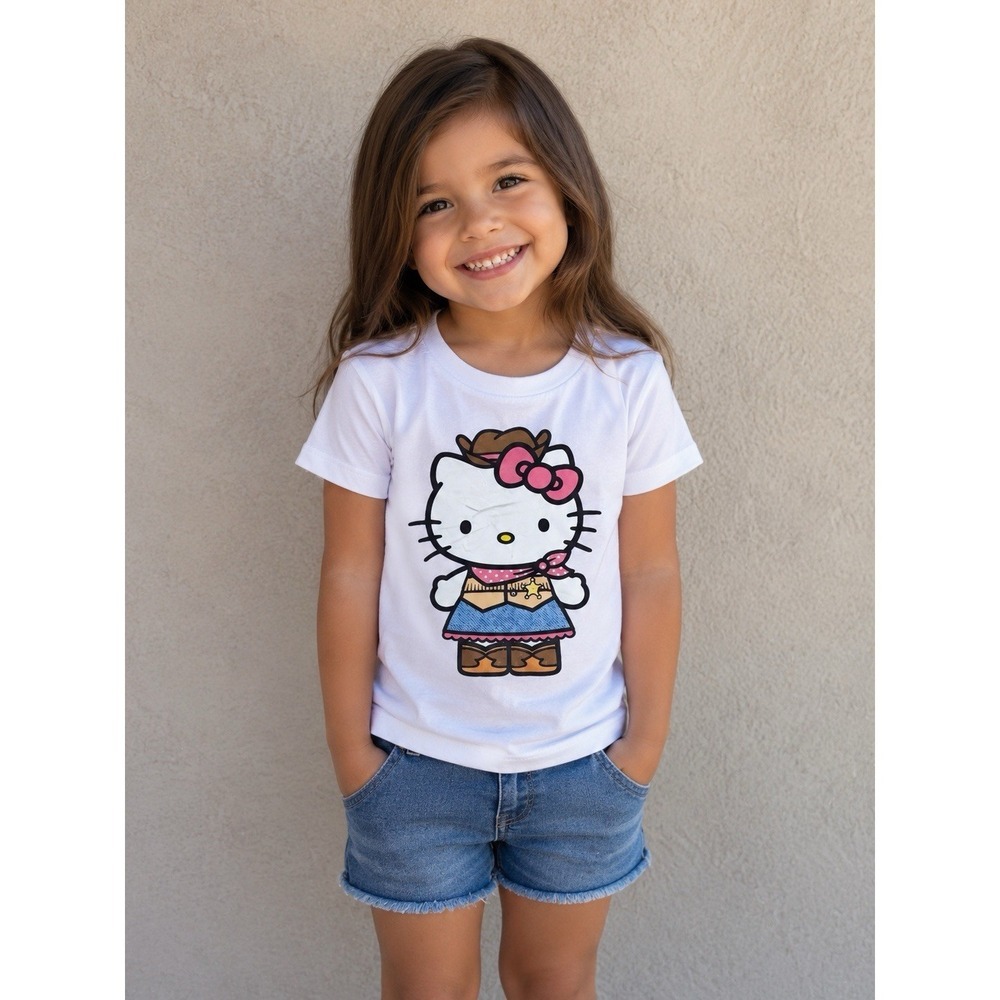 Girls 4T White Cowboy Kitty Graphic T-Shirt DTF Print Western Rodeo Cotton